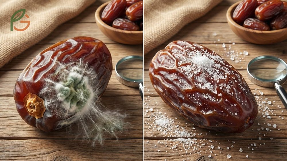 Mold vs sugar on dates distinguishing fuzzy web-like mold from hard gritty sugar crystals on the skin.