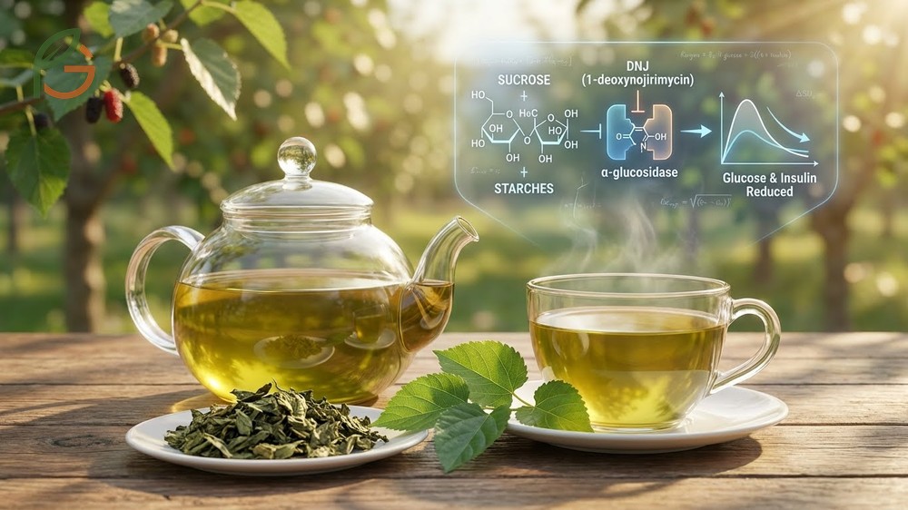 Mulberry leaf tea benefits demonstrating a 42 percent reduction in post meal blood glucose spikes and 40 percent lower insulin levels.