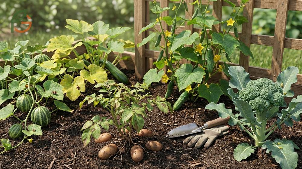 Plants to avoid near cucumbers include potatoes and melons which compete for nutrients and share disease risks.