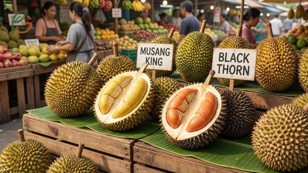Popular durian varieties including the famous Musang King and Black Thorn displayed with their distinct husk shapes.