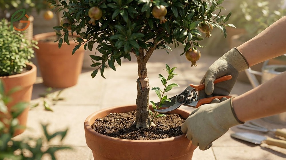 Growing pomegranate in pots requires removing suckers weekly in summer and structural pruning in late winter.