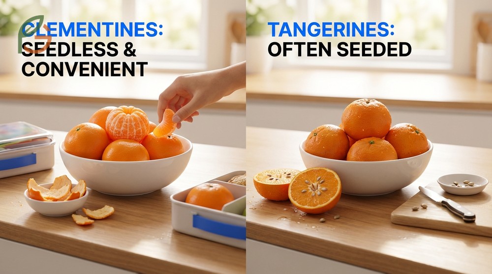 Seedless citrus comparison highlighting clementines as a seedless convenience versus the seeded nature of traditional tangerines.