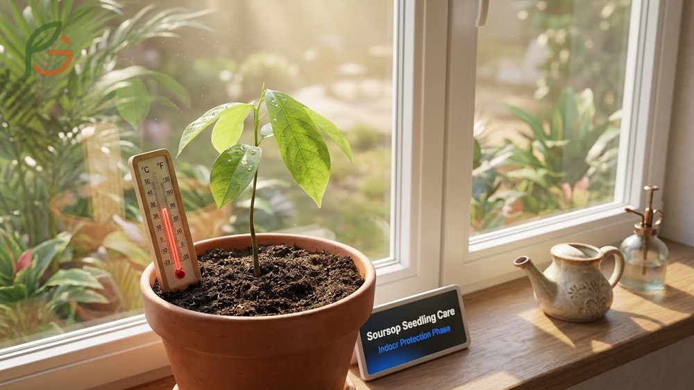 Soursop seedling care instructions emphasizing moisture management and protection from cold temperatures.