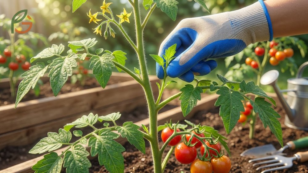 Sucker removal technique for cherry tomatoes identifying shoots in the leaf axils for better plant shape.