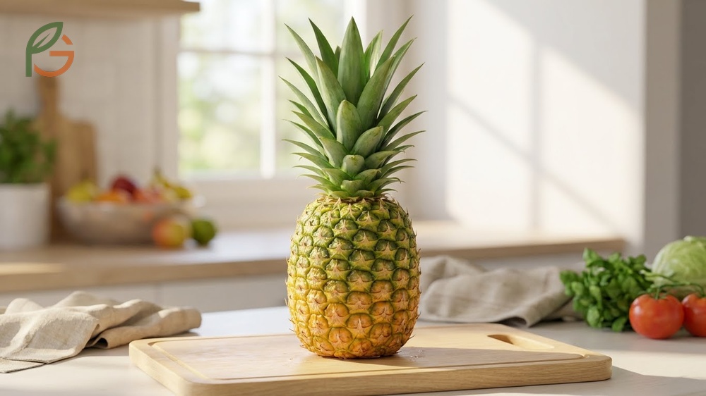 A ripe pineapple displays fresh vibrant green leaves and a symmetrical shape that indicates uniform sweetness.
