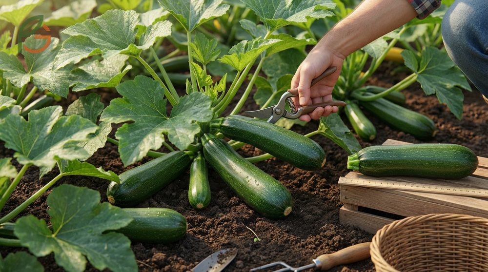 Zucchini cultivation tips suggesting harvest at 6 to 8 inches long every 2 to 3 days to encourage continuous fruiting.