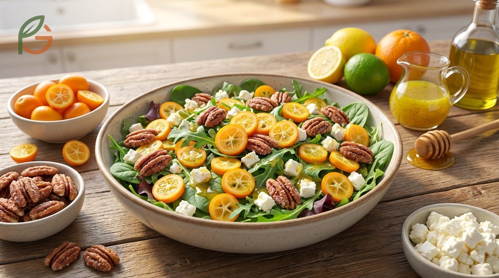 Kumquat salad featuring mixed greens and 10 sliced fruits paired with feta cheese and pecans for a winter meal.