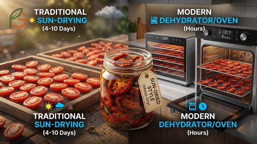 How to dehydrate cherry tomatoes to create sun dried style fruit packed in olive oil with fresh herbs and garlic.