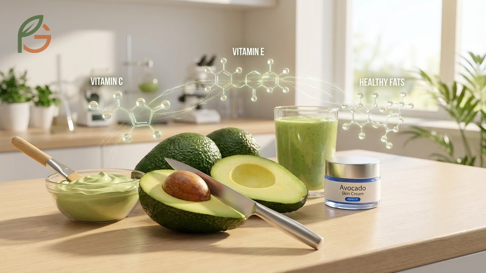 Avocado for skin health demonstrated by vitamin c and e working together to improve elasticity and firmness.