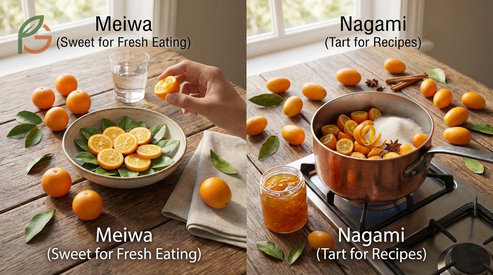 Best kumquat variety selection advice recommending Meiwa for fresh eating and Nagami for marmalades and glazes.