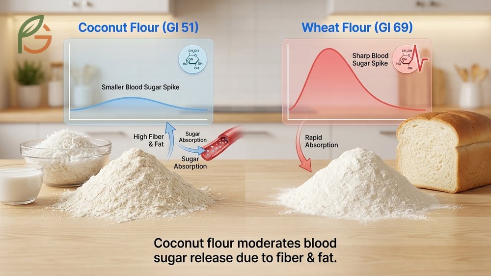 Blood sugar regulation using coconut flour with a glycemic index of 51 to prevent glucose spikes in diabetic diets.