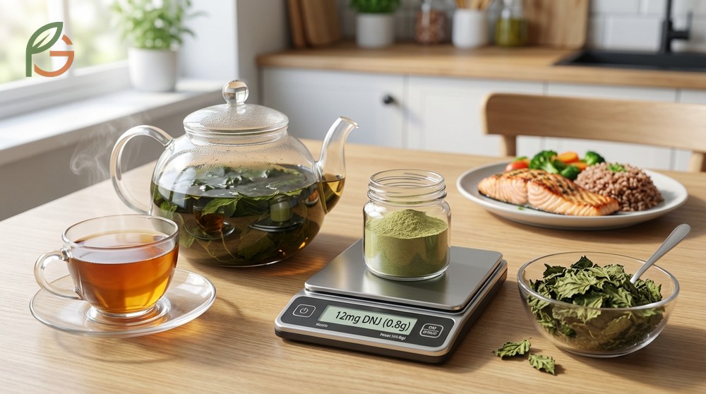 Blood sugar tea dosage recommends 12mg of DNJ taken with meals to effectively manage glucose levels without side effects.