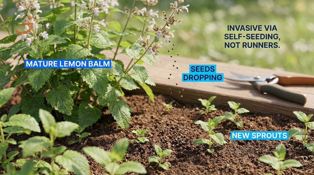 Invasive herbs control for lemon balm involves cutting back plants before flowers open to prevent seeding.