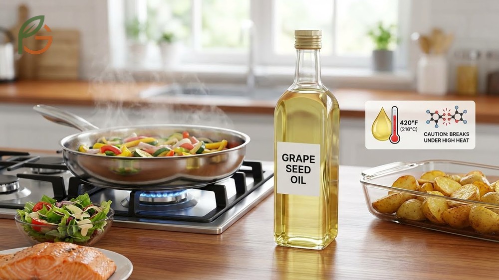 Cooking with grape seed oil in a pan at moderate heat showing its versatility for sautéing and baking.