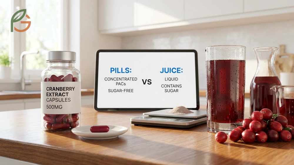Comparison of cranberry pills versus juice dosage showing that 400mg capsules equal 8 ounces of juice for PAC content.