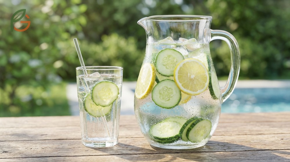 Cucumber lemon water detox contains 95 percent water to hydrate the body and reduce bloating naturally.