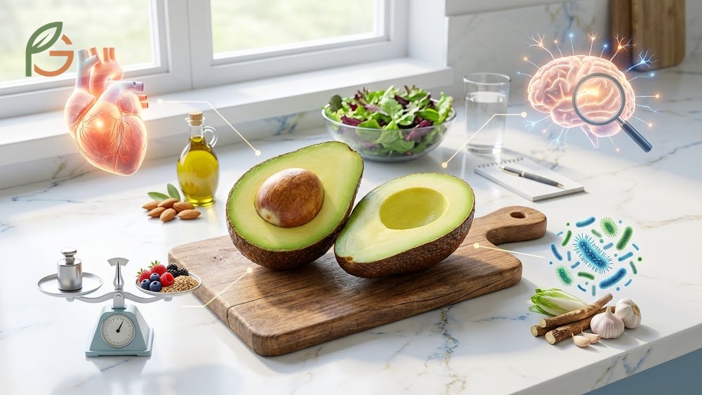 Benefits of eating avocado daily showing reduced cholesterol by 18mg per dL in clinical trials.
