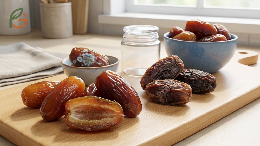 Date quality indicators showing plump glossy skin and absence of sour odors for safe consumption.