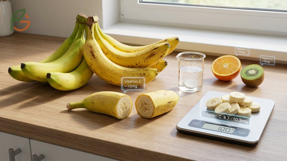 Do bananas have vitamin C levels of roughly 10mg providing 11 percent of daily value for healthy adults.