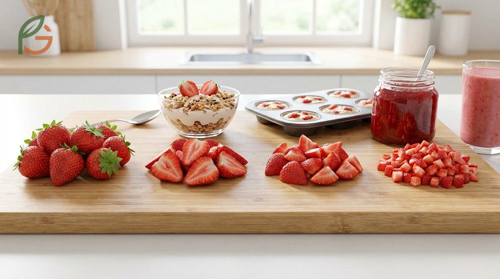 Fancy strawberry cuts including uniform dices and thin slices for salads and baking recipes.