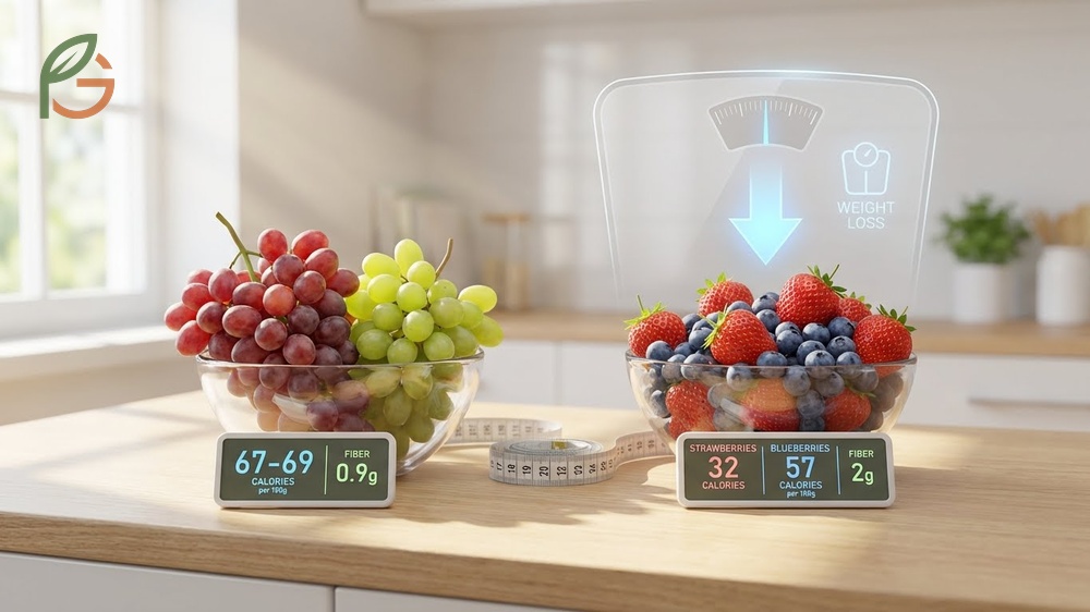 Grapes vs berries for weight loss comparison regarding fiber content and year round availability.