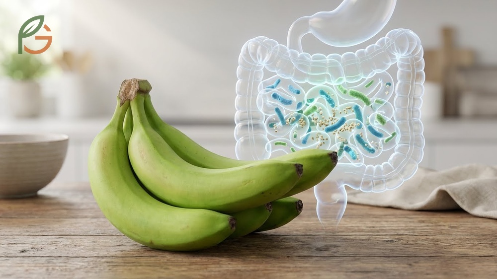 Green banana benefits include high resistant starch content that acts as a prebiotic for gut bacteria.