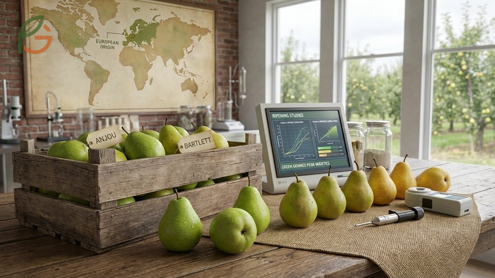Green skinned pear variety production data showing Anjou and Bartlett dominance in commercial harvests.