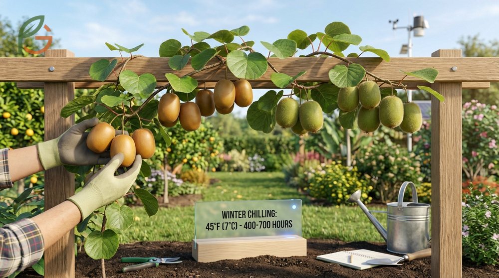 Growing kiwi varieties requires specific chilling hours and acidic soil conditions for optimal fruit production.