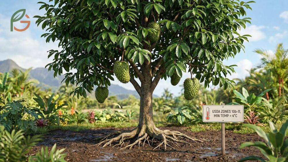 Growing soursop tree advice for hardiness zones 10b to 11 ensuring proper irrigation and wind protection.