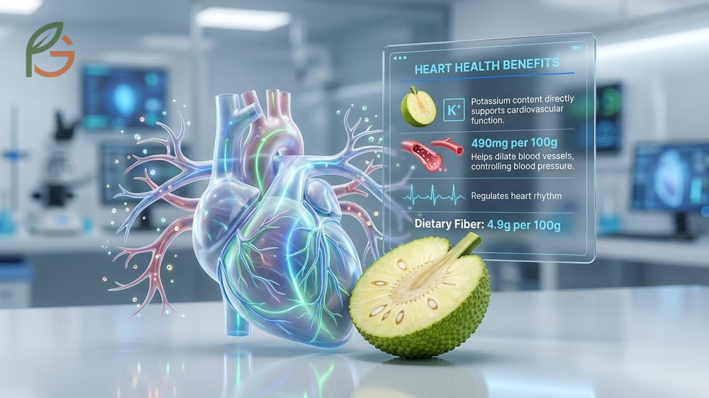 Heart health benefits of breadfruit include high potassium for blood pressure control and fiber for cholesterol management.