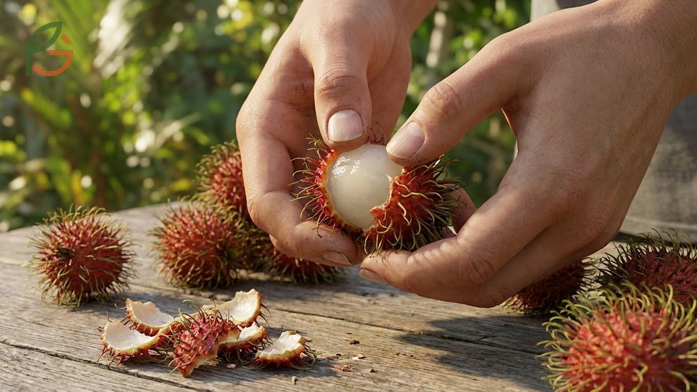 How to peel rambutan by hand using thumbnail pressure to separate the shell in 30-40 seconds.