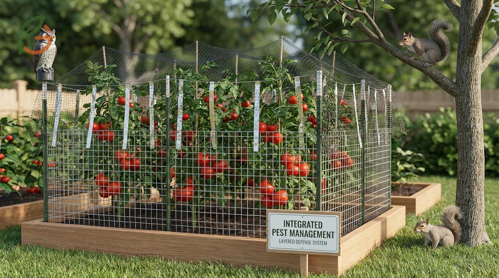 Keeping squirrels off tomatoes using physical cages and cayenne pepper sprays to deter feeding.