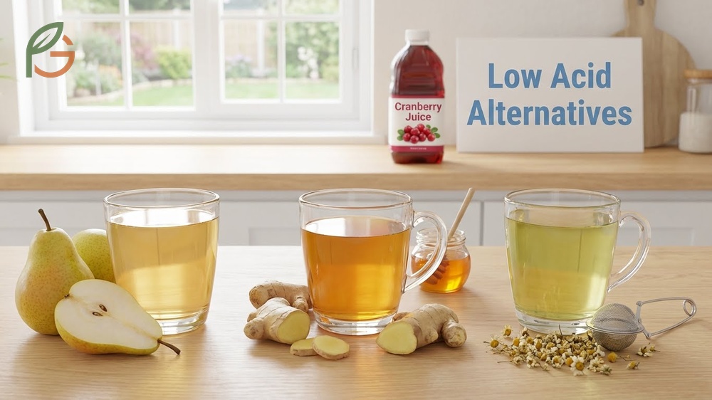 Low acid alternatives for reflux such as pear juice and herbal tea provide hydration without triggering symptoms.