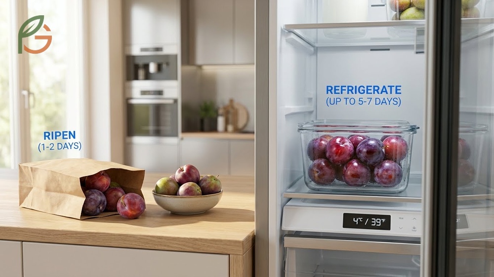 Maximize plum freshness by freezing pitted halves for long term storage up to 12 months.