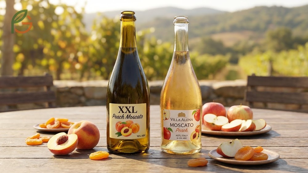 Moscato and peach wine bottles arranged to show sweet low alcohol options for social gatherings.