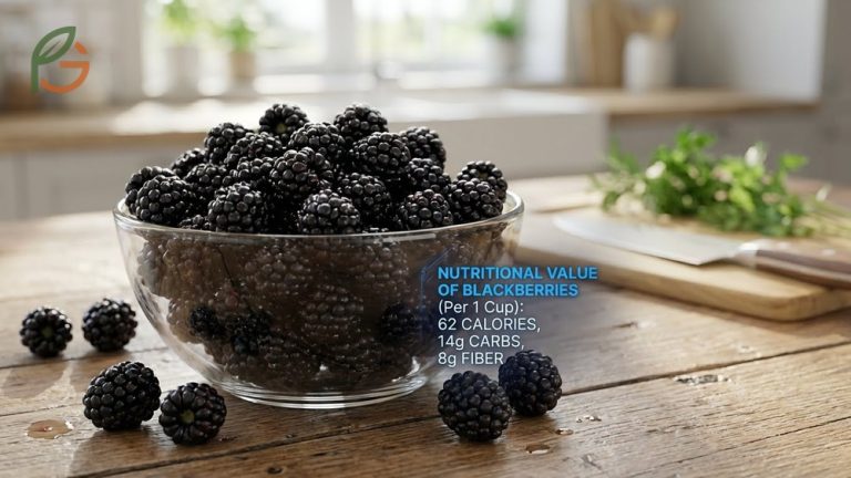 Nutritional value of blackberries includes 62 calories per cup and 32 percent of daily fiber needs for adults.
