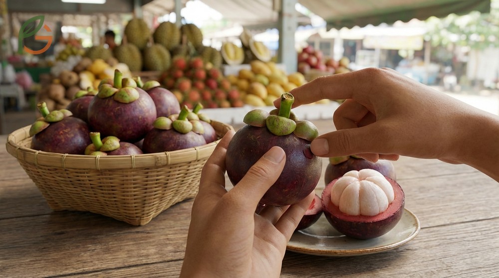 Opening mangosteen fruit selection relies on finding deep purple rinds that yield to slight thumb pressure.