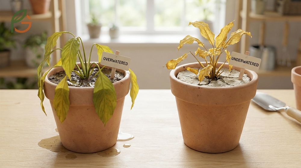 Overwatering vs underwatering yellow leaves can be distinguished by checking if the soil is muddy or bone dry.