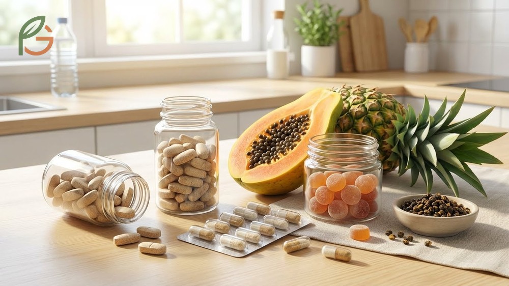 Papaya enzyme supplements in capsule form providing concentrated papain for digestive support and health benefits.