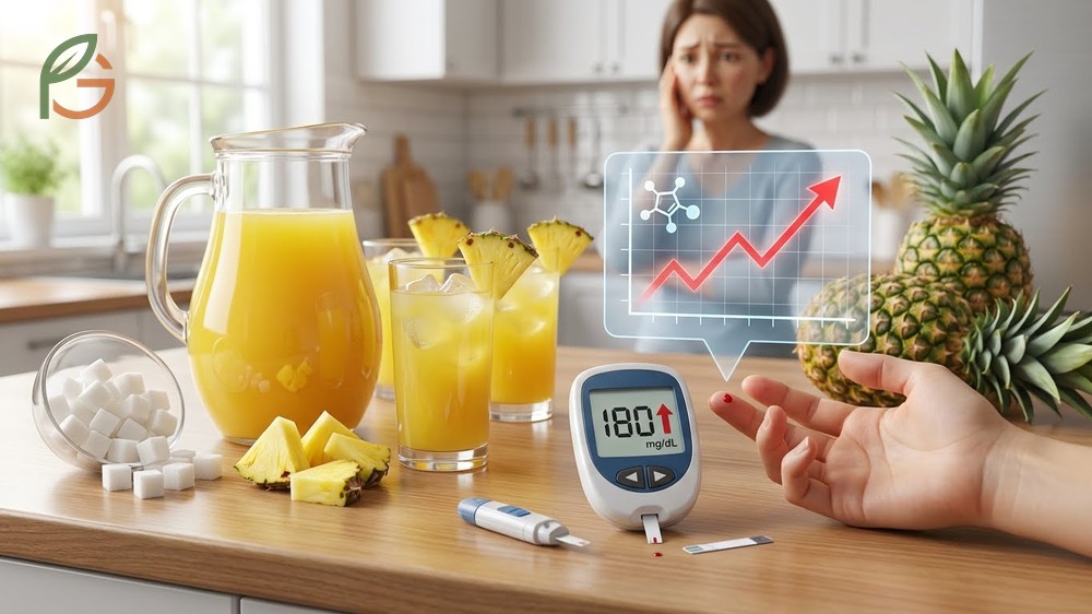 Pineapple juice side effects may include blood sugar spikes and acidity issues if consumed in excess amounts.