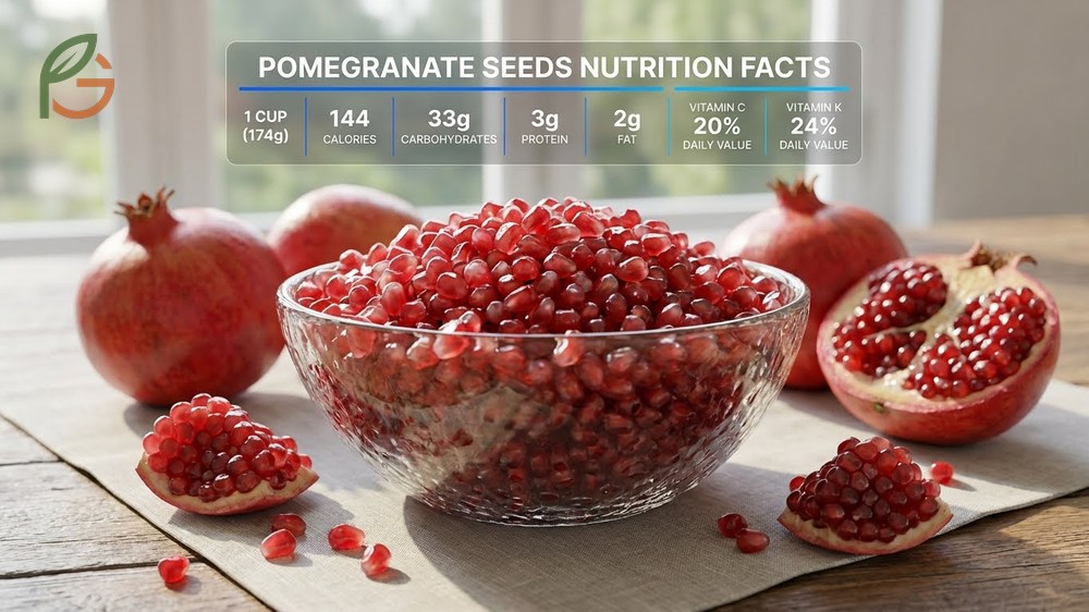 Pomegranate seeds nutrition facts breakdown showing carbohydrates, protein, and fat content in one cup of arils.