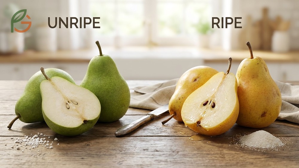 Ripe vs unripe pear taste comparison showing how starch converts to sugar for a sweet juicy eating experience.