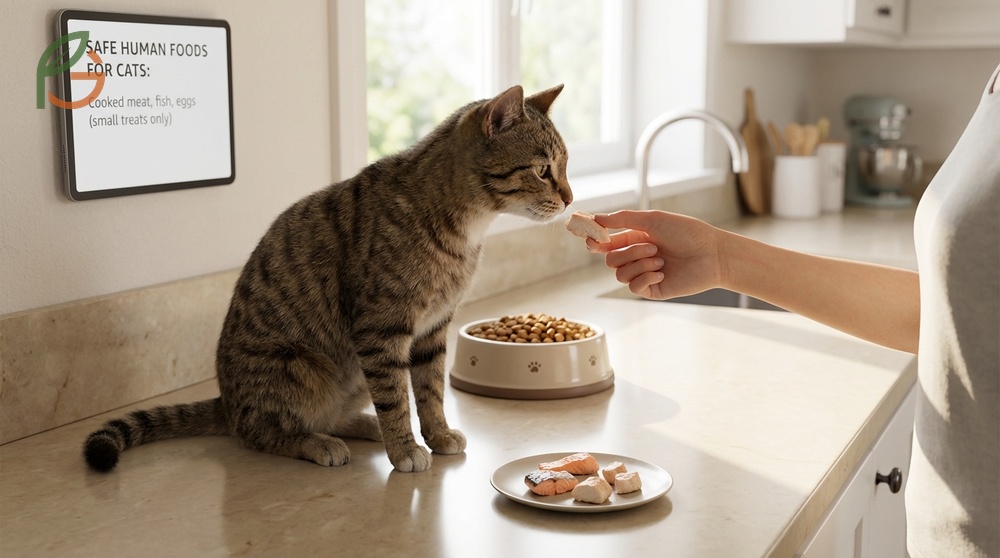 Safe human food for cats list featuring cooked chicken and turkey as protein rich alternatives to fruit.