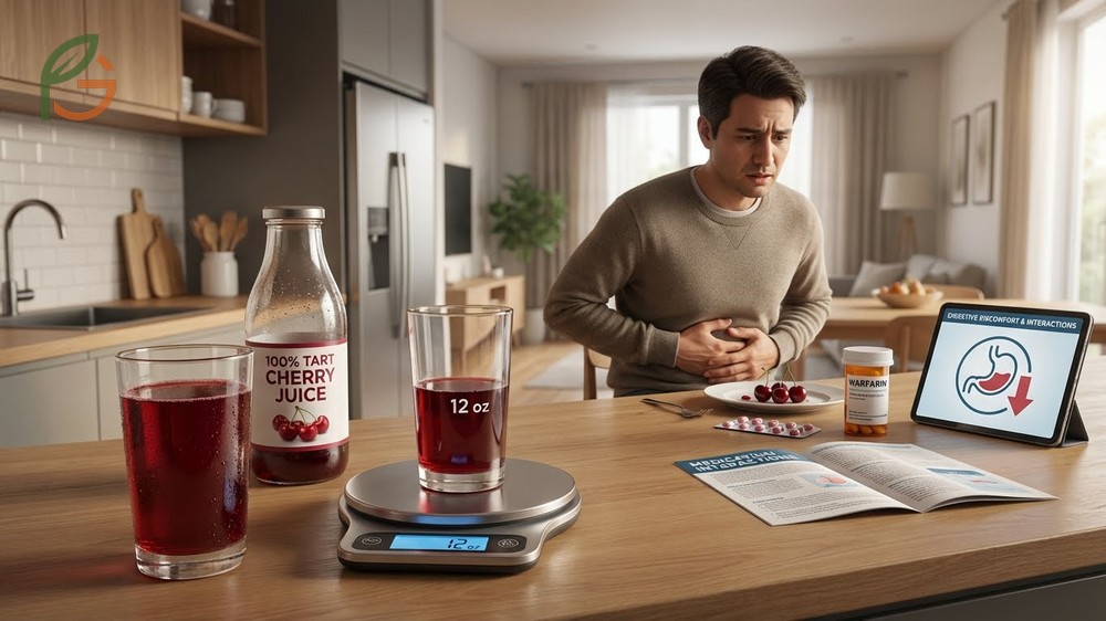 Side effects of too much cherry juice including digestive discomfort from sorbitol and potential weight gain risks.