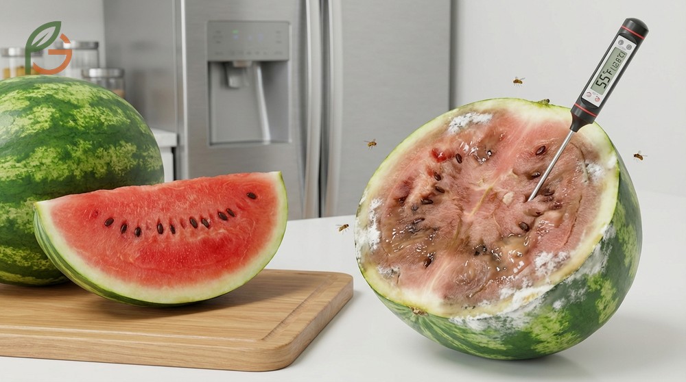 Signs of spoiled watermelon include a slimy texture, sour fermented smell, and dark spots appearing on the flesh or rind.
