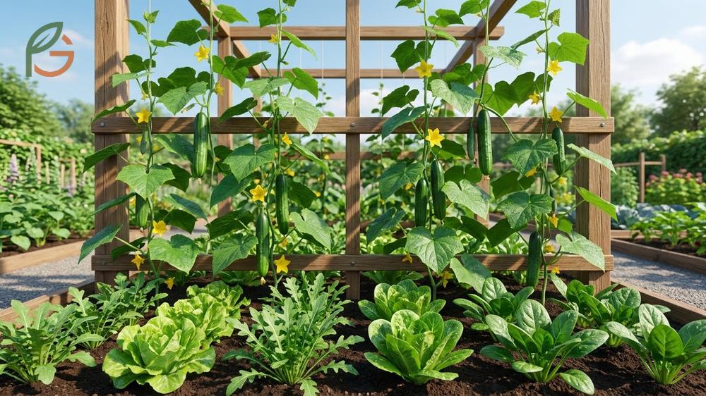 Vertical gardening companions like fast growing radishes thrive at the base of cucumber trellises to save space.