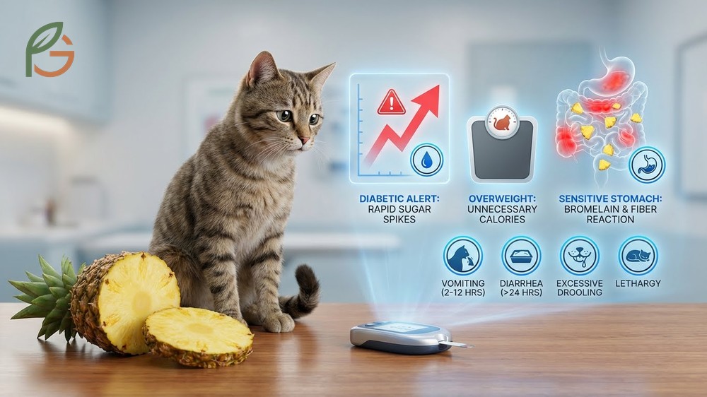 When pineapple is bad for cats symptoms including vomiting and diarrhea especially in diabetic or overweight felines.