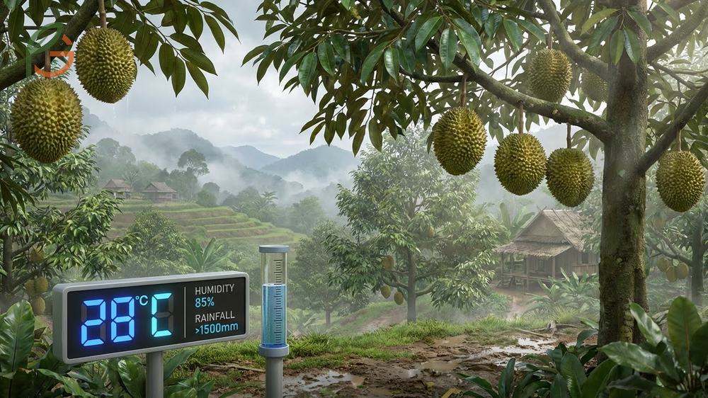 Where does durian grow naturally in the humid climates of Southeast Asia requiring temperatures between 24 and 30 degrees.