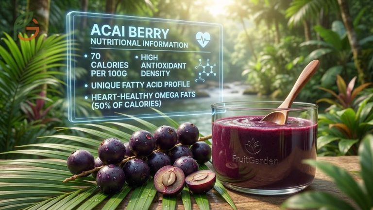 Acai berry nutritional information guide detailing 70 calories per 100g and high antioxidant density from Amazonian fruits.