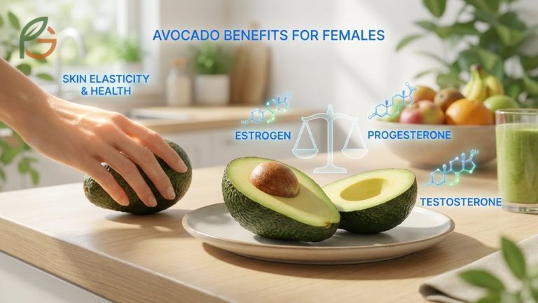 Avocado benefits for females depicted with essential nutrients for hormonal balance and skin elasticity improvements.